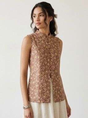 Vintage Pinky Tank Vest Brown Cream Floral Y2K Cottage Festival Prairie L